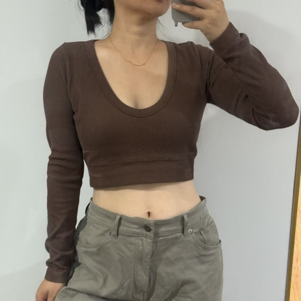 Garage Crop Top Womens L Brown Ribbed Long Sleeve V-Neck Fitted Athletic